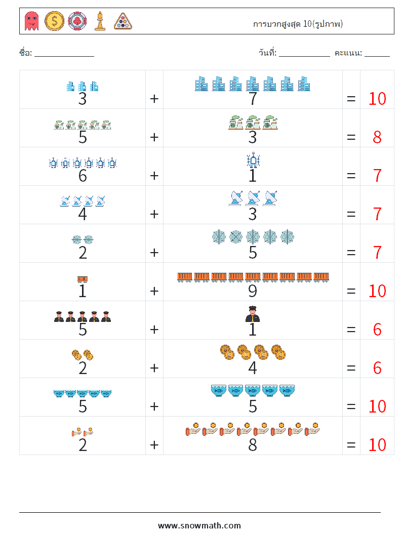 การบวกสูงสุด 10(รูปภาพ) ใบงานคณิตศาสตร์ 7 คำถาม คำตอบ