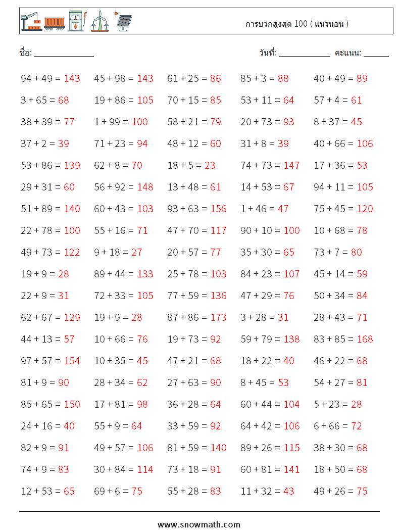 (100) การบวกสูงสุด 100 ( แนวนอน ) ใบงานคณิตศาสตร์ 1 คำถาม คำตอบ