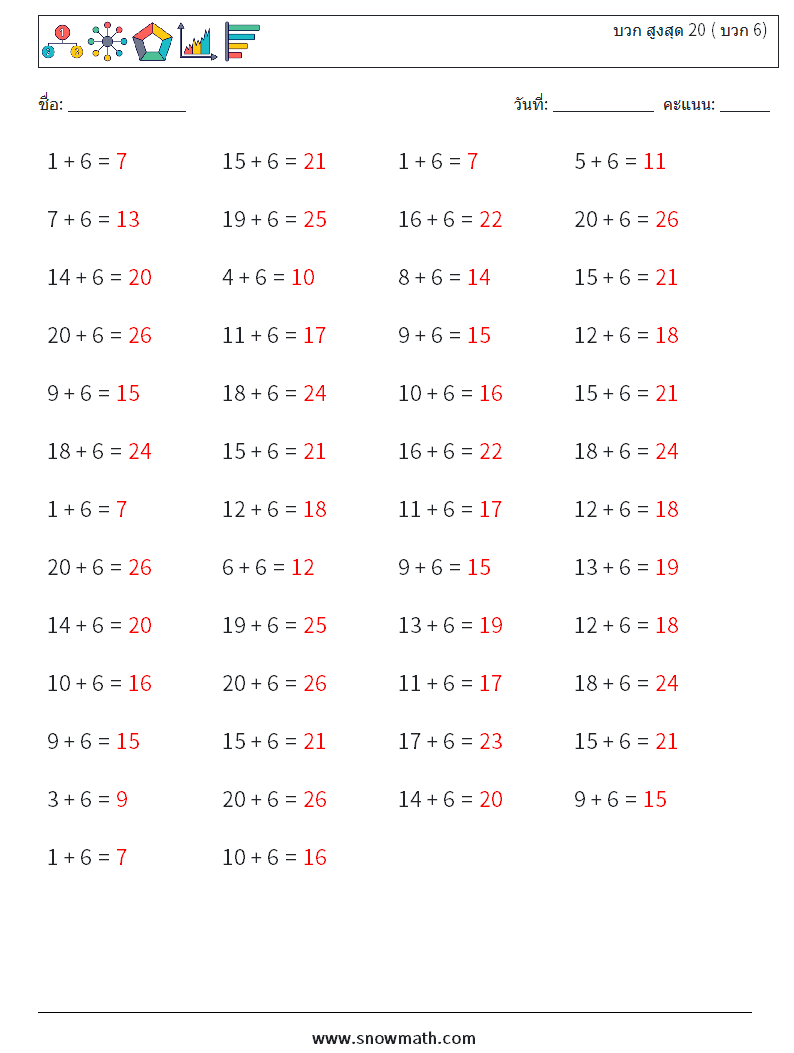 (50) บวก สูงสุด 20 ( บวก 6) ใบงานคณิตศาสตร์ 6 คำถาม คำตอบ