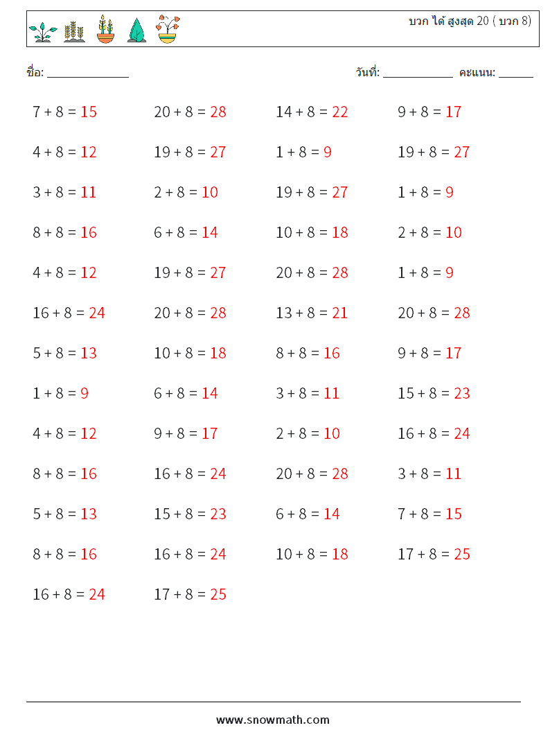 (50) บวก ได้ สูงสุด 20 ( บวก 8) ใบงานคณิตศาสตร์ 3 คำถาม คำตอบ