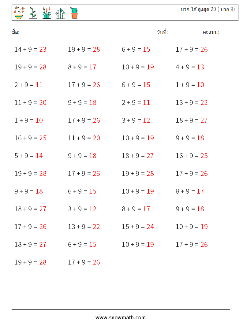 (50) บวก ได้ สูงสุด 20 ( บวก 9) ใบงานคณิตศาสตร์ 3 คำถาม คำตอบ