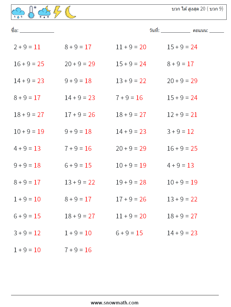 (50) บวก ได้ สูงสุด 20 ( บวก 9) ใบงานคณิตศาสตร์ 5 คำถาม คำตอบ