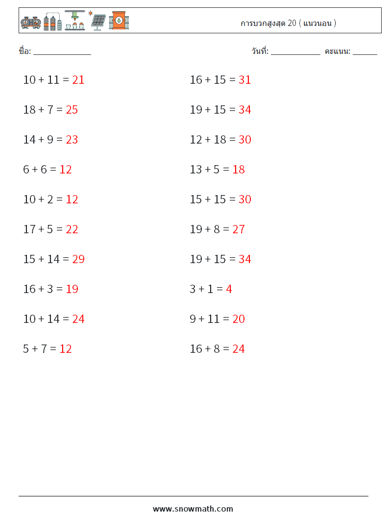 (20) การบวกสูงสุด 20 ( แนวนอน ) ใบงานคณิตศาสตร์ 3 คำถาม คำตอบ