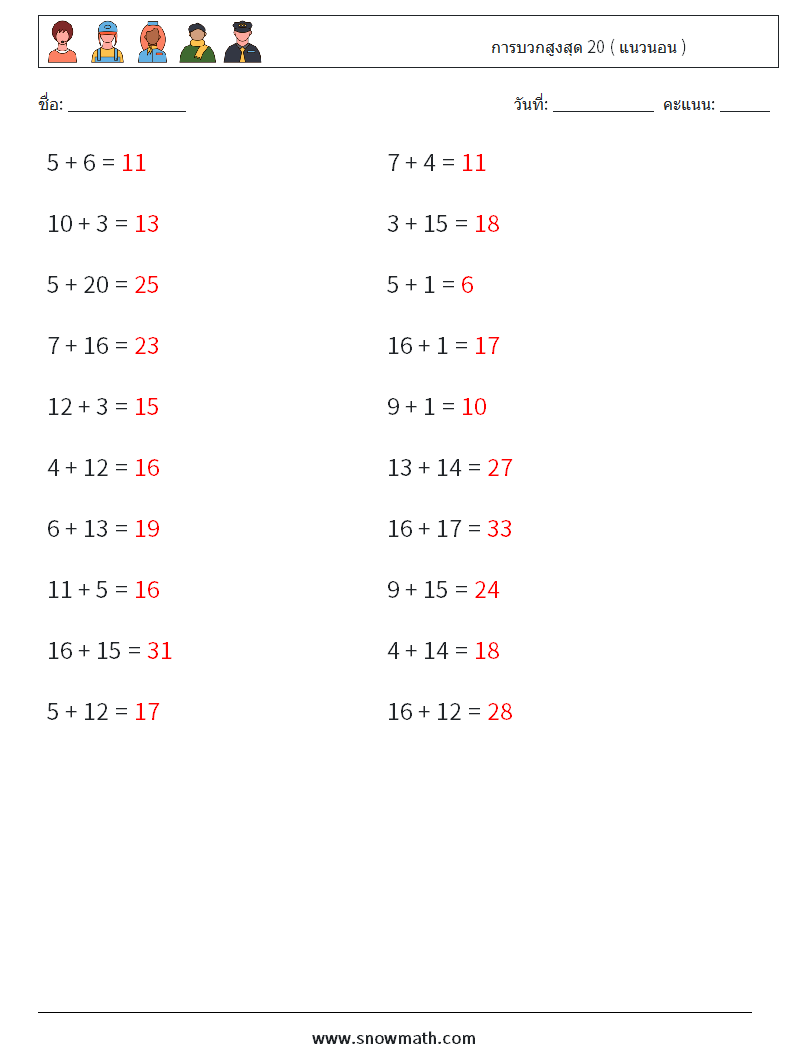 (20) การบวกสูงสุด 20 ( แนวนอน ) ใบงานคณิตศาสตร์ 8 คำถาม คำตอบ