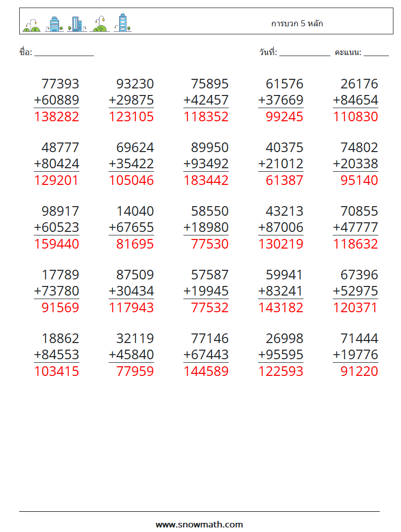 (25) การบวก 5 หลัก ใบงานคณิตศาสตร์ 14 คำถาม คำตอบ