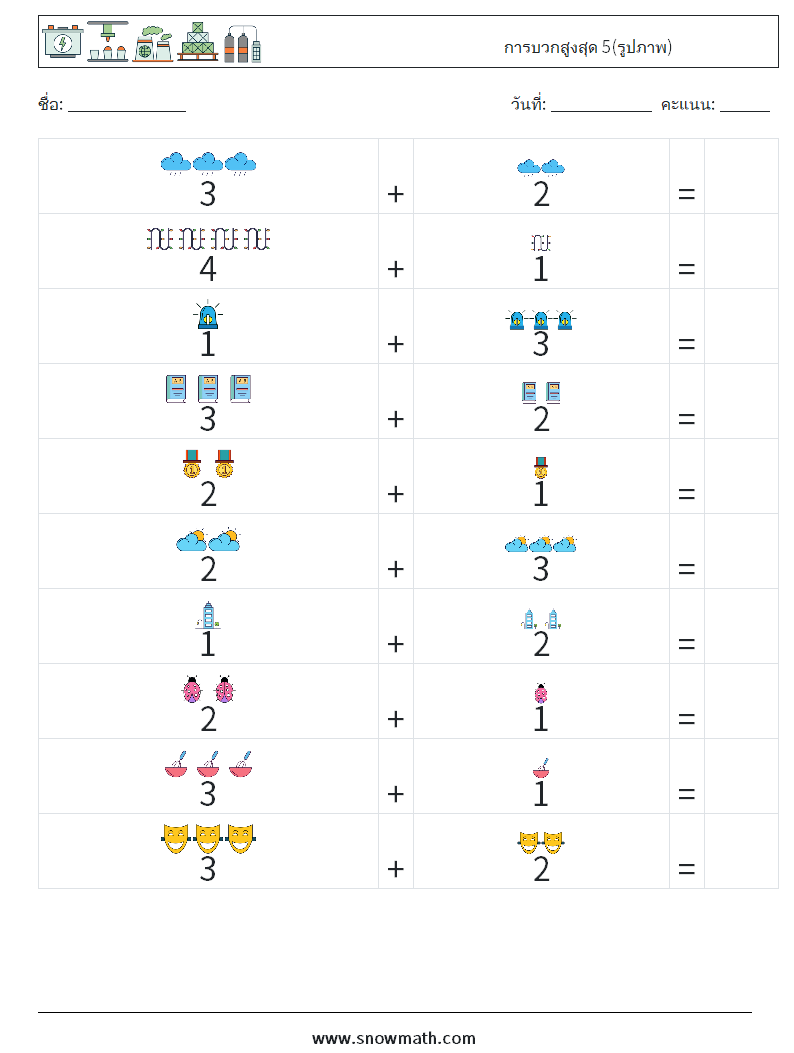 การบวกสูงสุด 5(รูปภาพ) ใบงานคณิตศาสตร์ 1