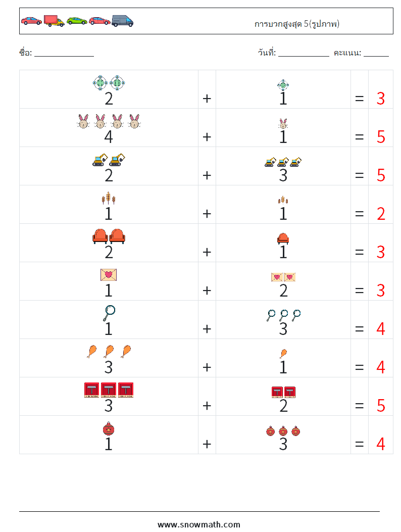 การบวกสูงสุด 5(รูปภาพ) ใบงานคณิตศาสตร์ 16 คำถาม คำตอบ