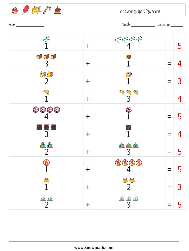 การบวกสูงสุด 5(รูปภาพ) ใบงานคณิตศาสตร์ 18 คำถาม คำตอบ