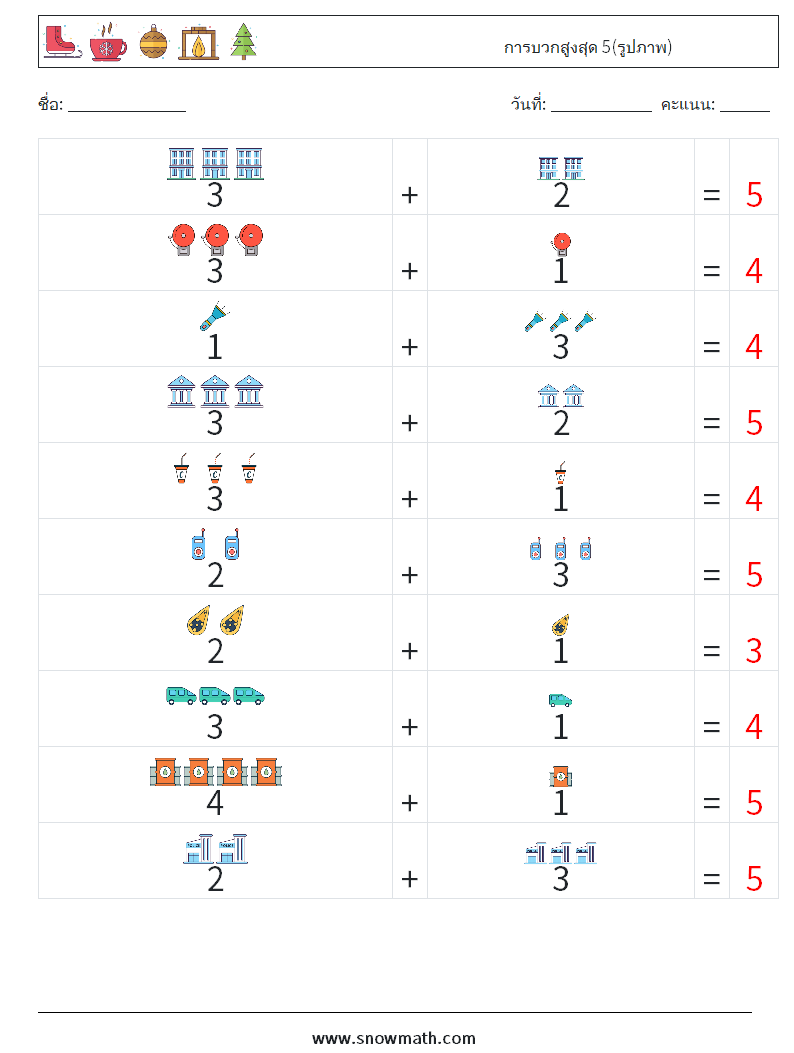 การบวกสูงสุด 5(รูปภาพ) ใบงานคณิตศาสตร์ 4 คำถาม คำตอบ
