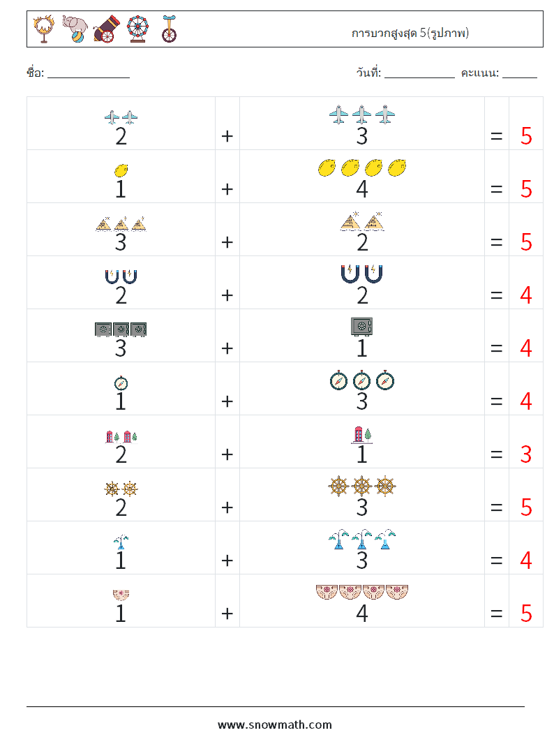 การบวกสูงสุด 5(รูปภาพ) ใบงานคณิตศาสตร์ 9 คำถาม คำตอบ