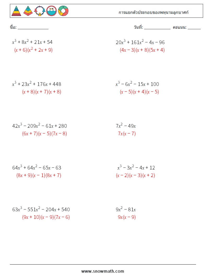 การแยกตัวประกอบของพหุนามลูกบาศก์ ใบงานคณิตศาสตร์ 4 คำถาม คำตอบ