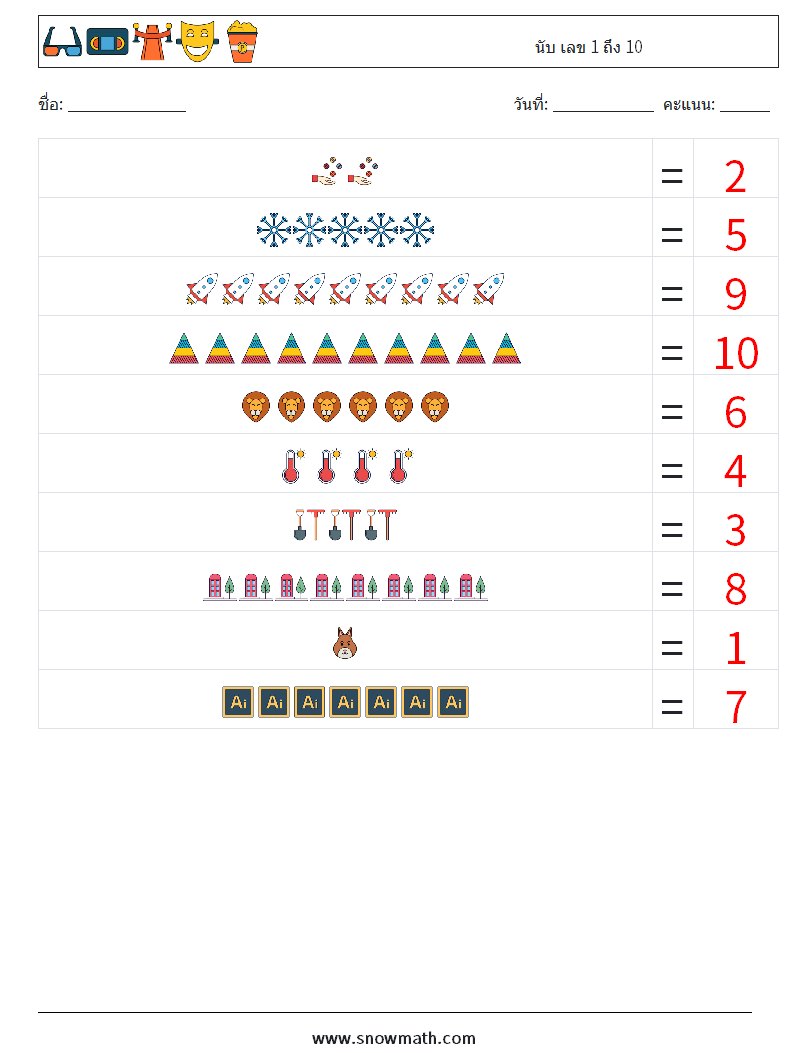 นับ เลข 1 ถึง 10 ใบงานคณิตศาสตร์ 14 คำถาม คำตอบ