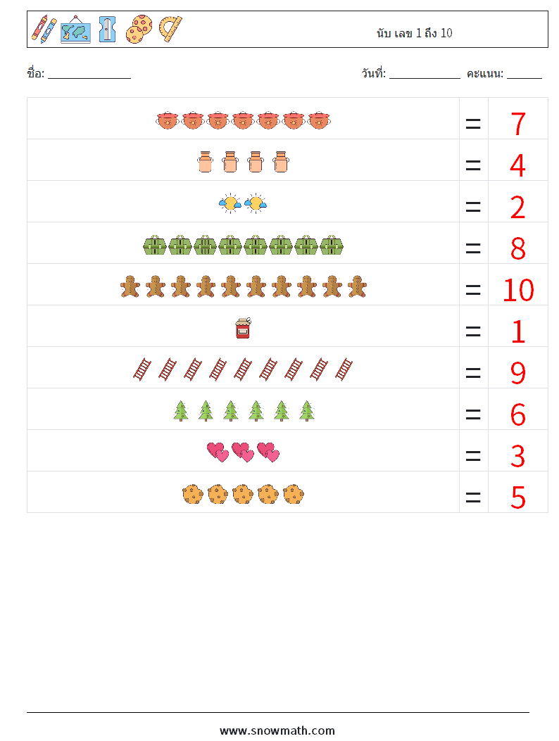 นับ เลข 1 ถึง 10 ใบงานคณิตศาสตร์ 16 คำถาม คำตอบ