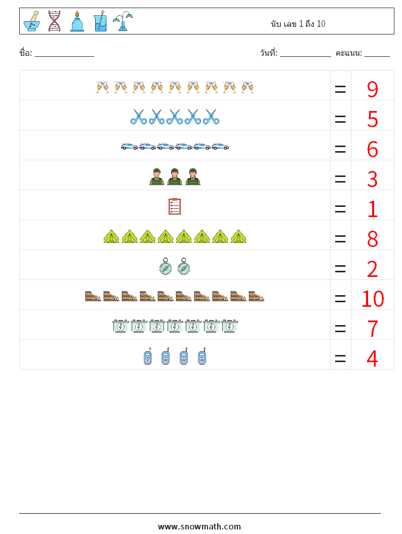 นับ เลข 1 ถึง 10 ใบงานคณิตศาสตร์ 17 คำถาม คำตอบ