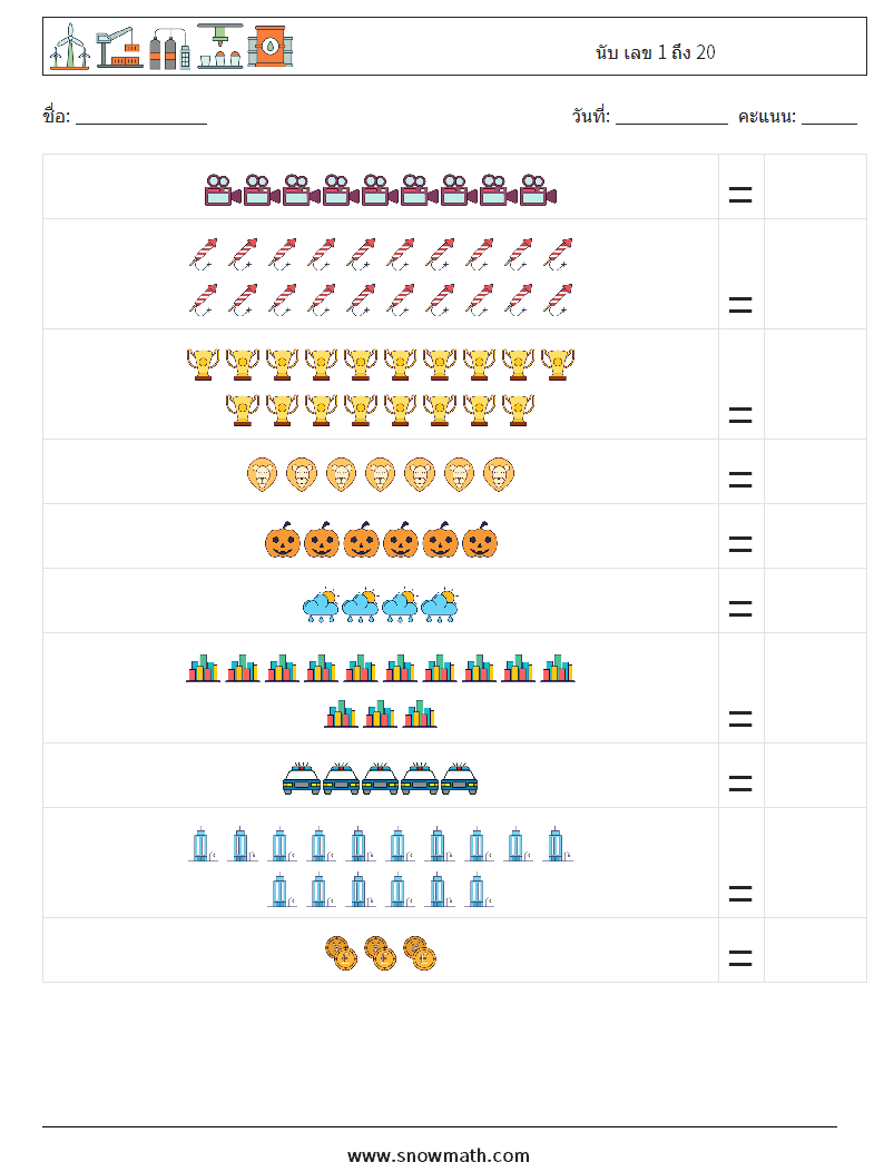 นับ เลข 1 ถึง 20 ใบงานคณิตศาสตร์ 1