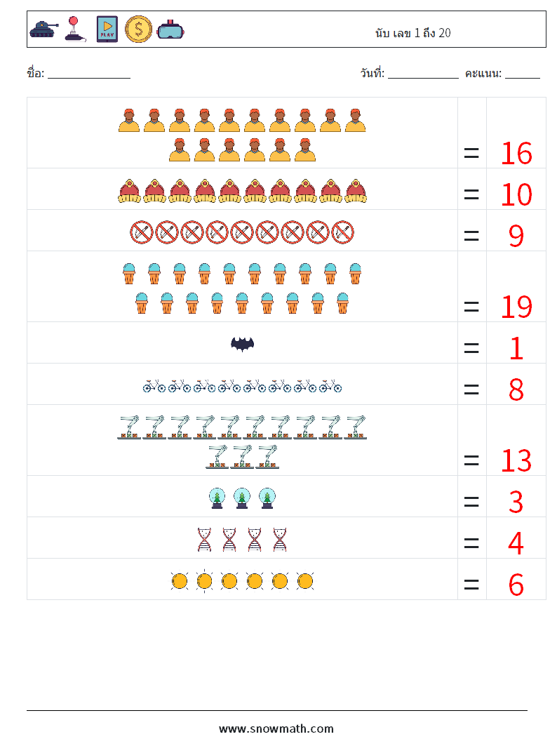 นับ เลข 1 ถึง 20 ใบงานคณิตศาสตร์ 11 คำถาม คำตอบ