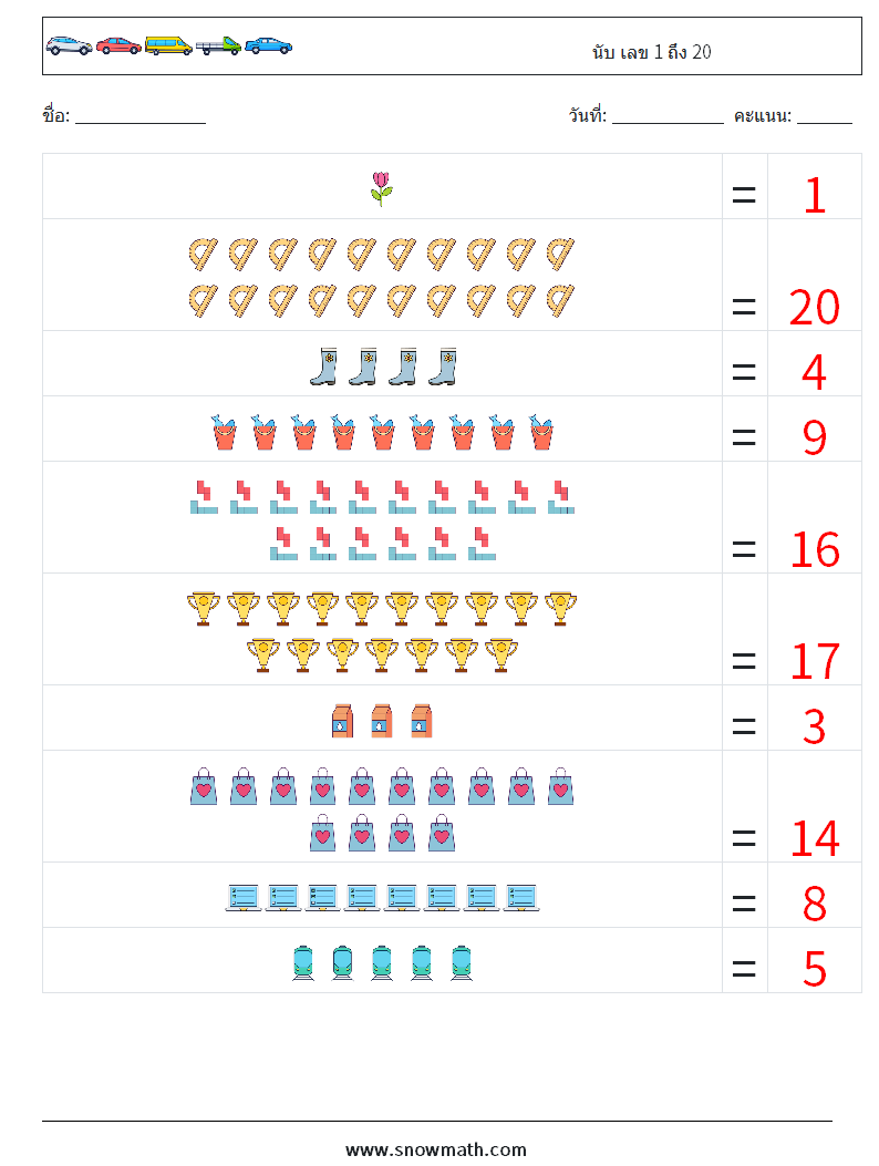 นับ เลข 1 ถึง 20 ใบงานคณิตศาสตร์ 15 คำถาม คำตอบ