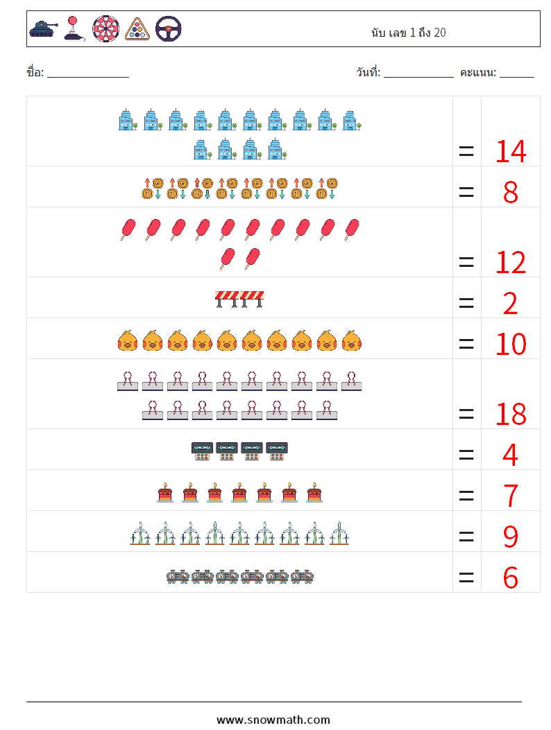 นับ เลข 1 ถึง 20 ใบงานคณิตศาสตร์ 4 คำถาม คำตอบ