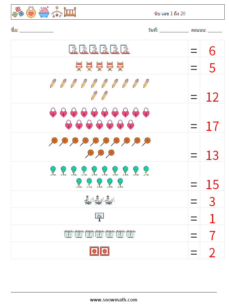 นับ เลข 1 ถึง 20 ใบงานคณิตศาสตร์ 6 คำถาม คำตอบ