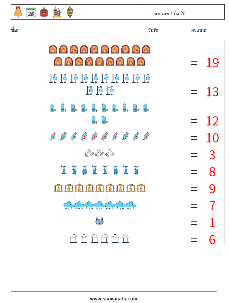 นับ เลข 1 ถึง 20 ใบงานคณิตศาสตร์ 8 คำถาม คำตอบ