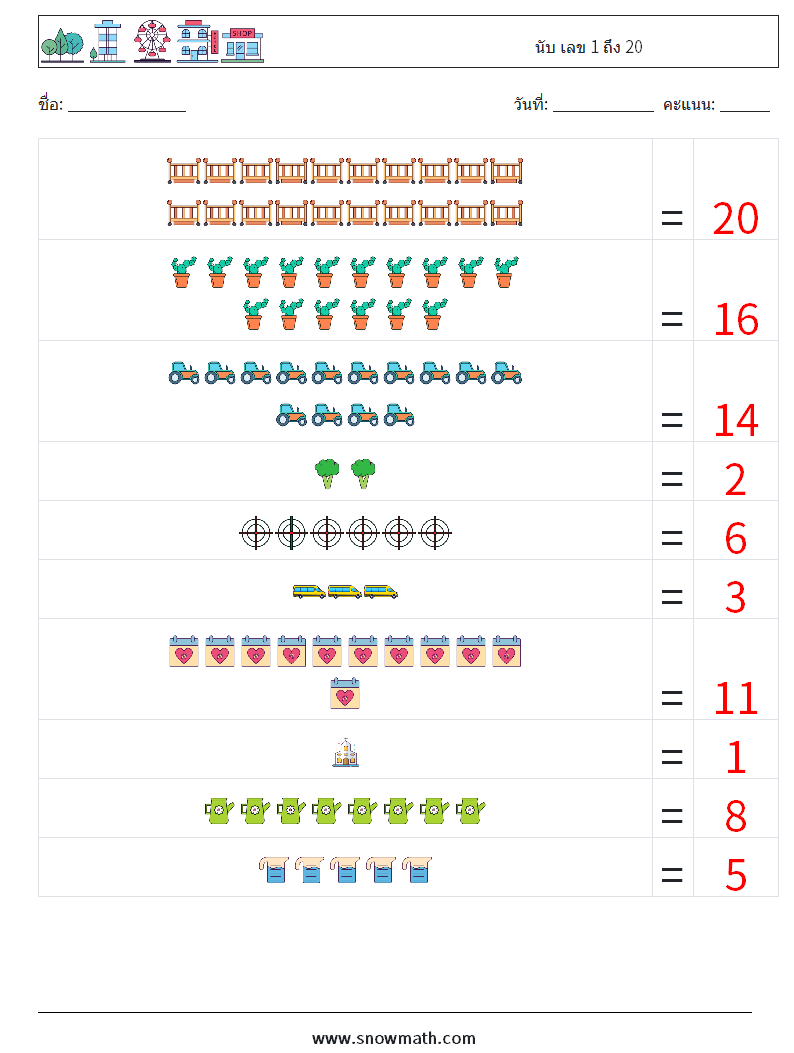 นับ เลข 1 ถึง 20 ใบงานคณิตศาสตร์ 9 คำถาม คำตอบ