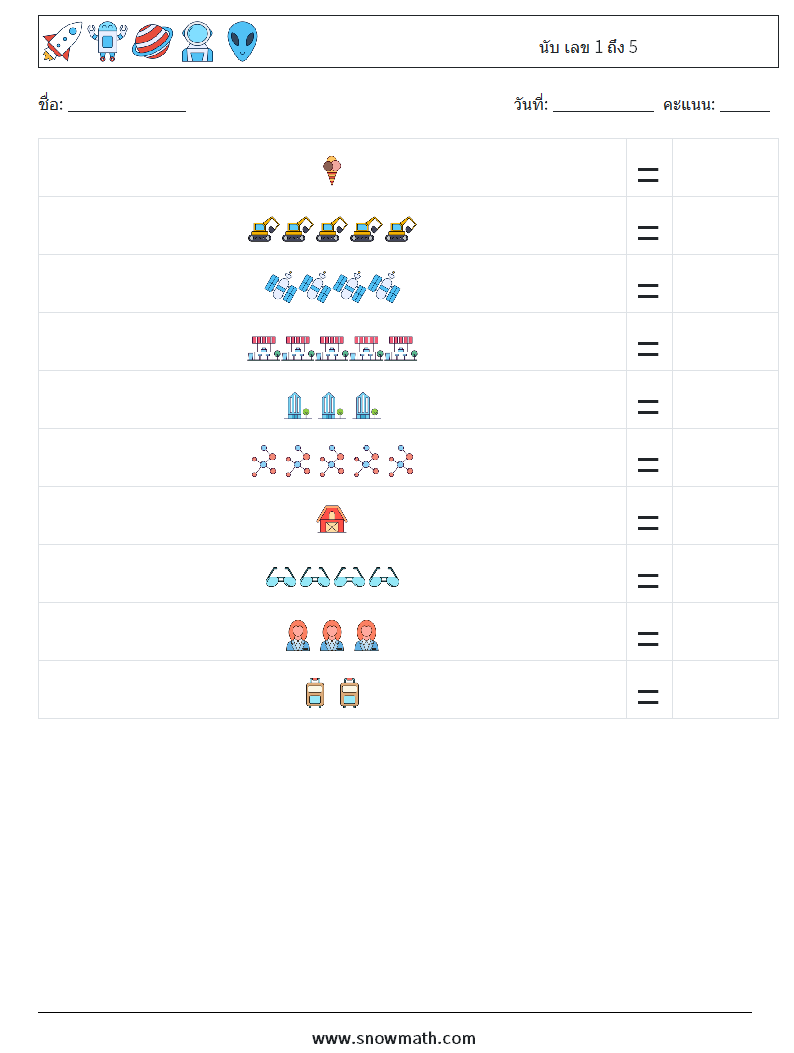 นับ เลข 1 ถึง 5 ใบงานคณิตศาสตร์ 10