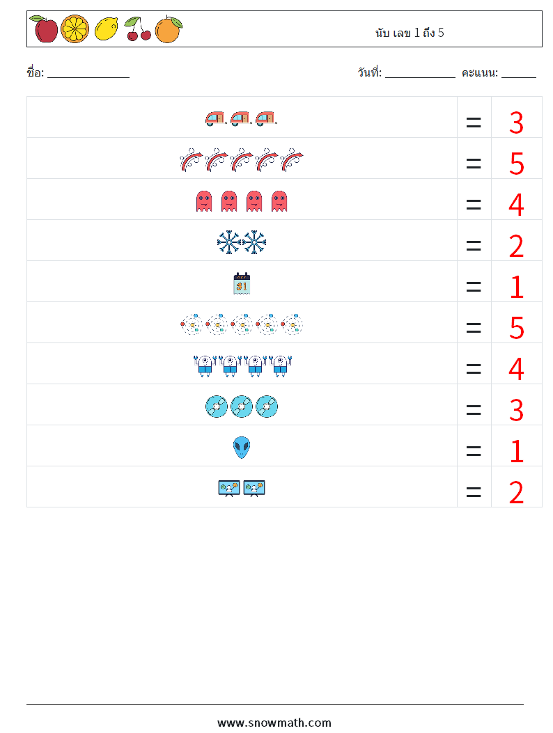 นับ เลข 1 ถึง 5 ใบงานคณิตศาสตร์ 11 คำถาม คำตอบ