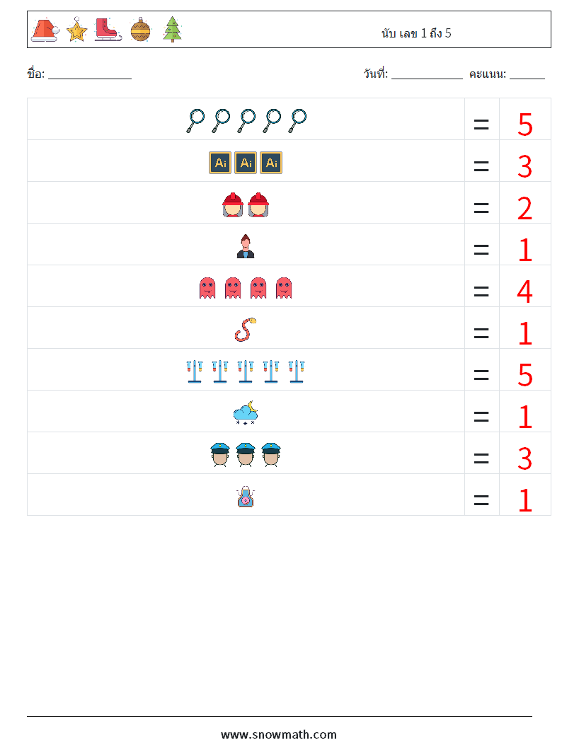 นับ เลข 1 ถึง 5 ใบงานคณิตศาสตร์ 6 คำถาม คำตอบ