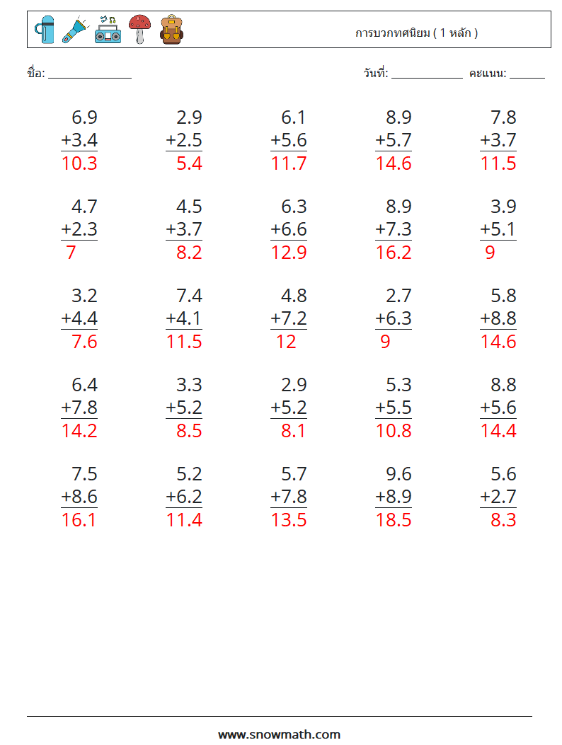 (25) การบวกทศนิยม ( 1 หลัก ) ใบงานคณิตศาสตร์ 3 คำถาม คำตอบ