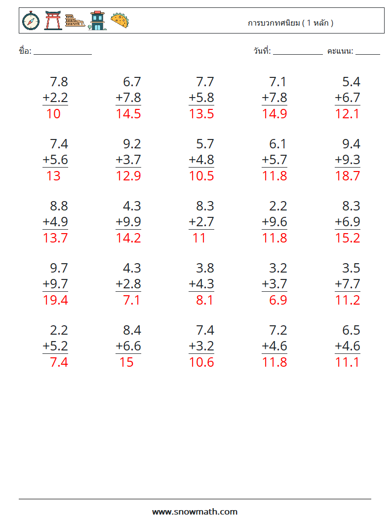 (25) การบวกทศนิยม ( 1 หลัก ) ใบงานคณิตศาสตร์ 4 คำถาม คำตอบ