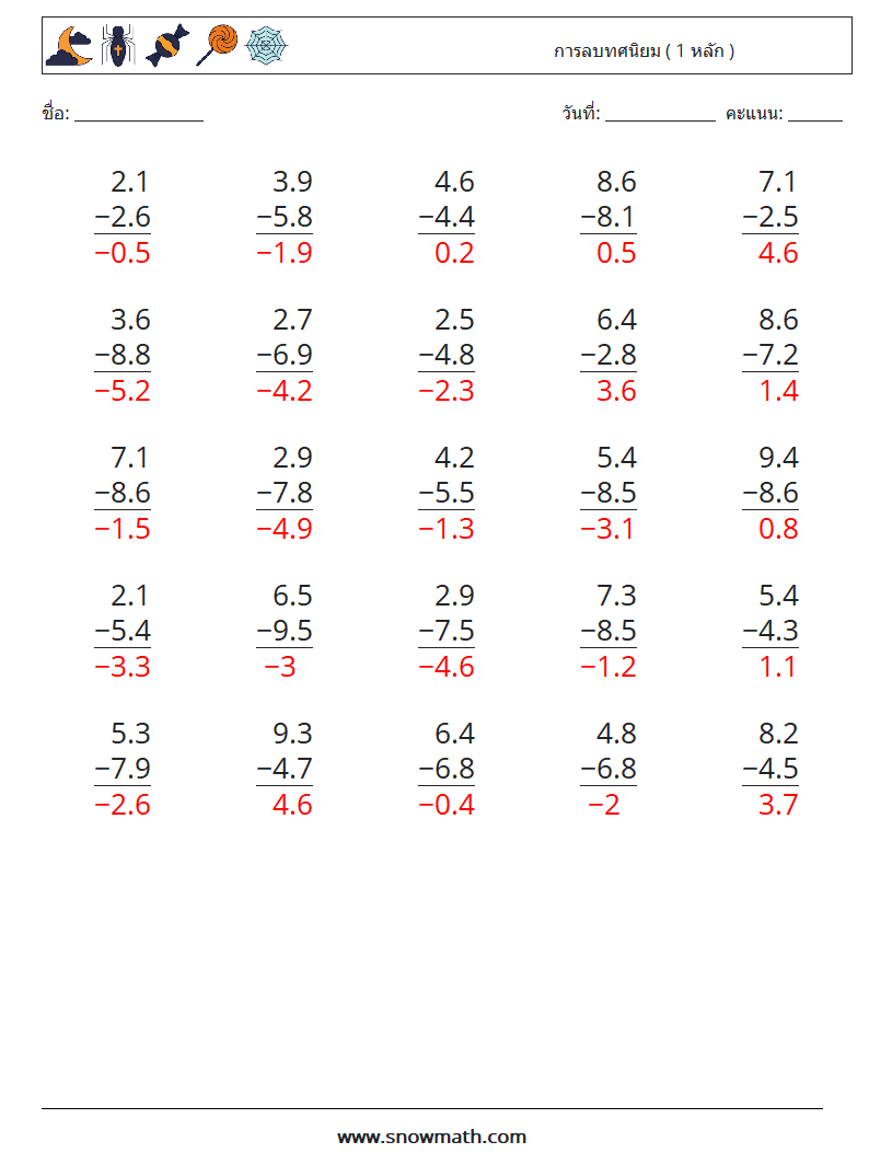 (25) การลบทศนิยม ( 1 หลัก ) ใบงานคณิตศาสตร์ 18 คำถาม คำตอบ