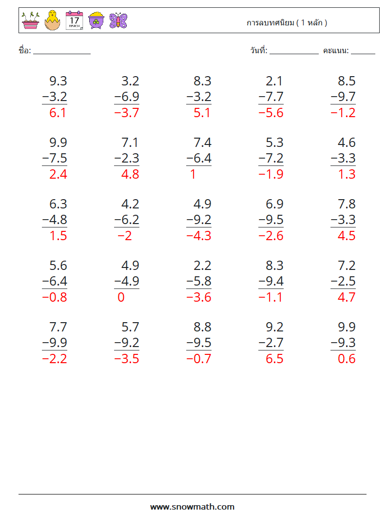 (25) การลบทศนิยม ( 1 หลัก ) ใบงานคณิตศาสตร์ 7 คำถาม คำตอบ