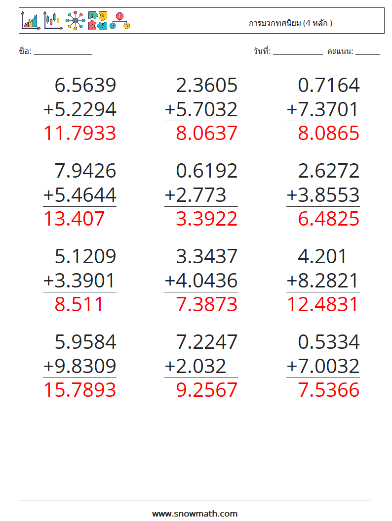 (12) การบวกทศนิยม (4 หลัก ) ใบงานคณิตศาสตร์ 1 คำถาม คำตอบ