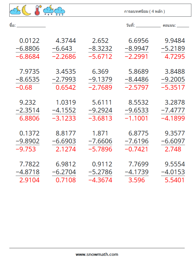 (25) การลบทศนิยม ( 4 หลัก ) ใบงานคณิตศาสตร์ 1 คำถาม คำตอบ