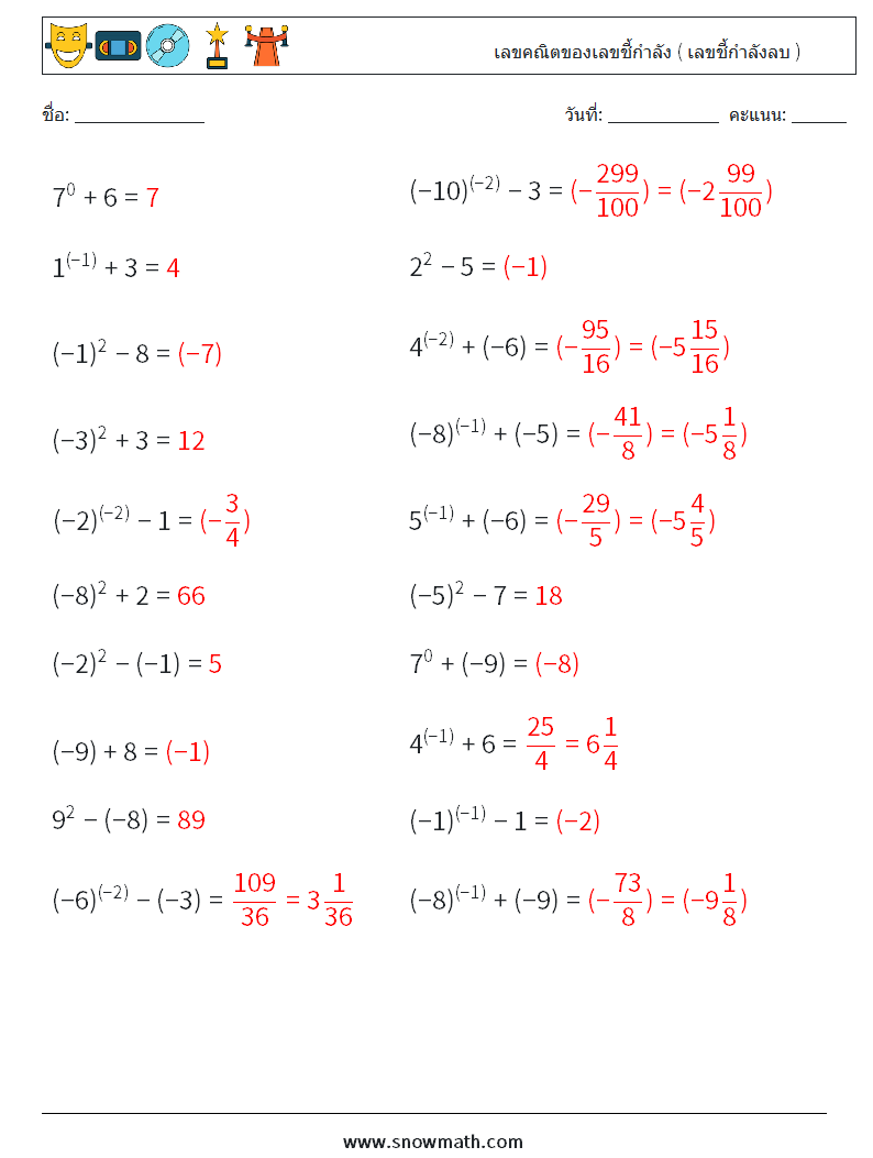  เลขคณิตของเลขชี้กำลัง ( เลขชี้กำลังลบ ) ใบงานคณิตศาสตร์ 1 คำถาม คำตอบ
