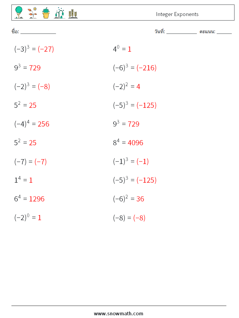 Integer Exponents ใบงานคณิตศาสตร์ 7 คำถาม คำตอบ