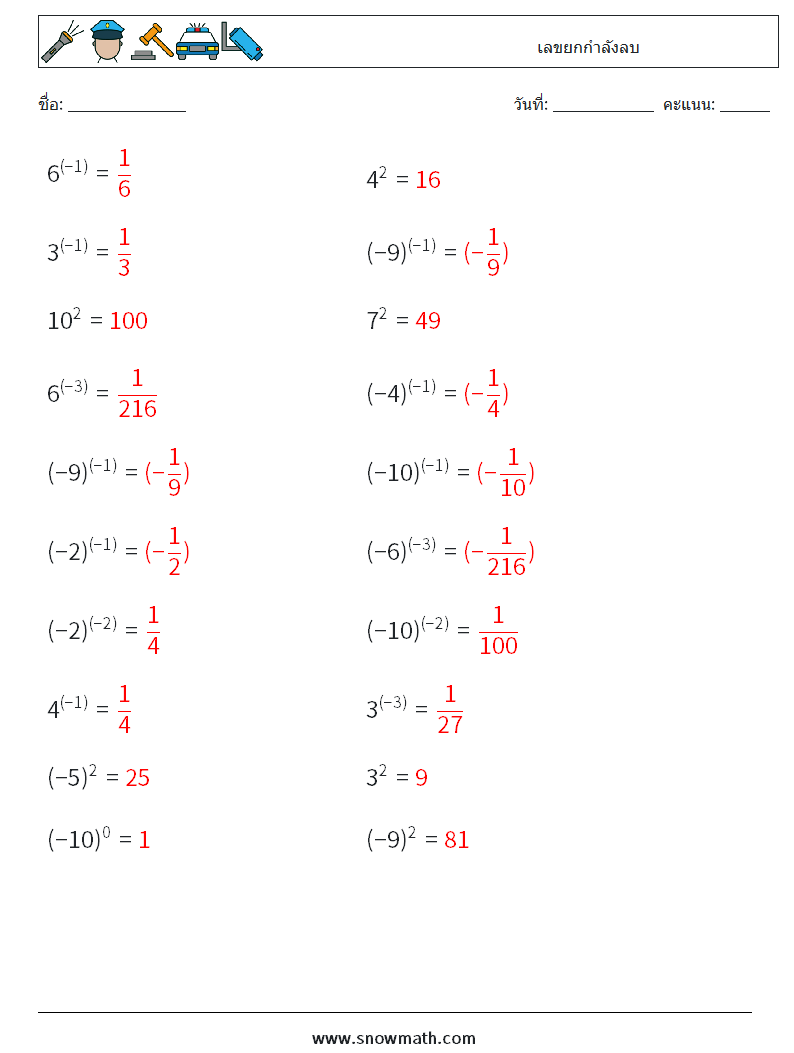  เลขยกกำลังลบ ใบงานคณิตศาสตร์ 1 คำถาม คำตอบ