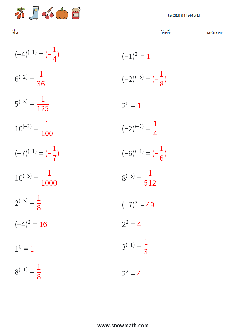  เลขยกกำลังลบ ใบงานคณิตศาสตร์ 5 คำถาม คำตอบ