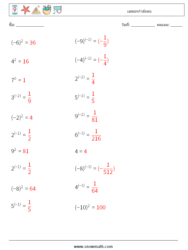  เลขยกกำลังลบ ใบงานคณิตศาสตร์ 7 คำถาม คำตอบ