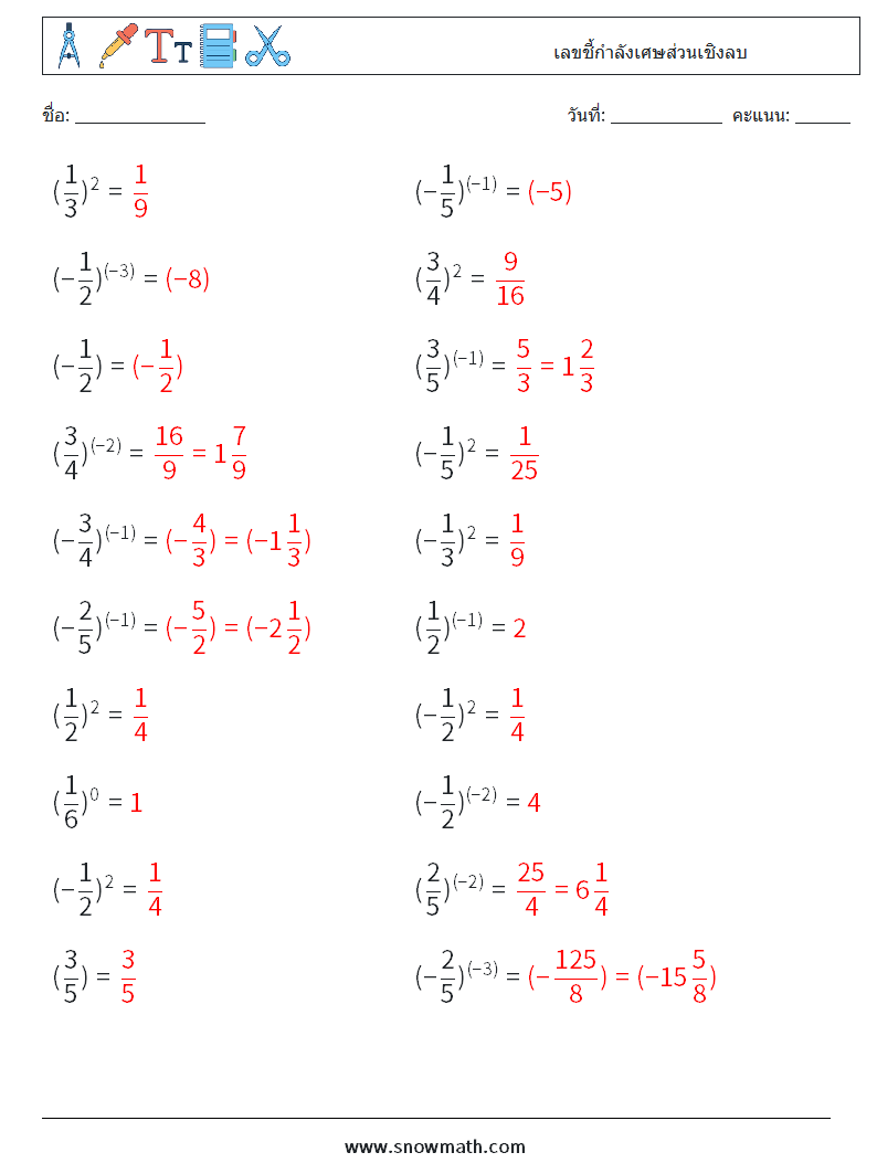 เลขชี้กำลังเศษส่วนเชิงลบ ใบงานคณิตศาสตร์ 2 คำถาม คำตอบ