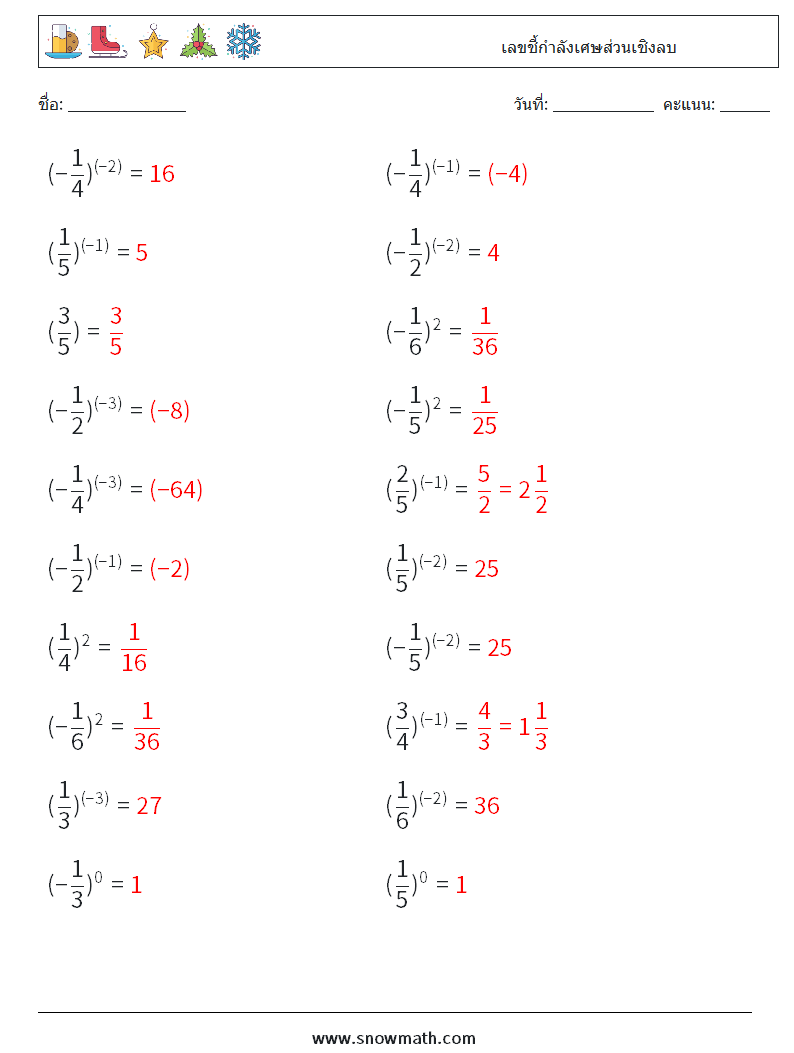 เลขชี้กำลังเศษส่วนเชิงลบ ใบงานคณิตศาสตร์ 4 คำถาม คำตอบ