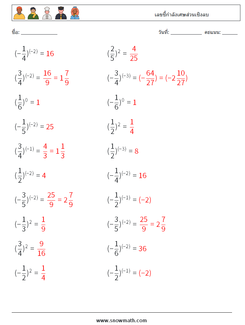 เลขชี้กำลังเศษส่วนเชิงลบ ใบงานคณิตศาสตร์ 8 คำถาม คำตอบ