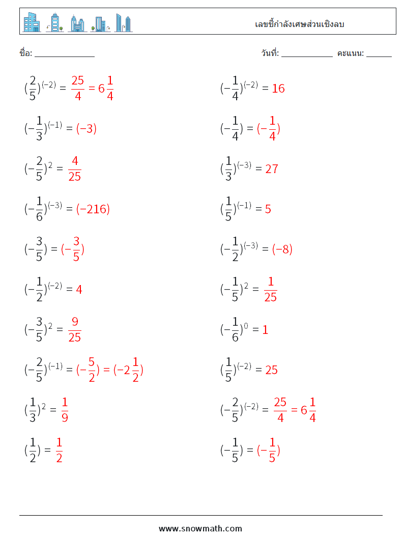 เลขชี้กำลังเศษส่วนเชิงลบ ใบงานคณิตศาสตร์ 9 คำถาม คำตอบ
