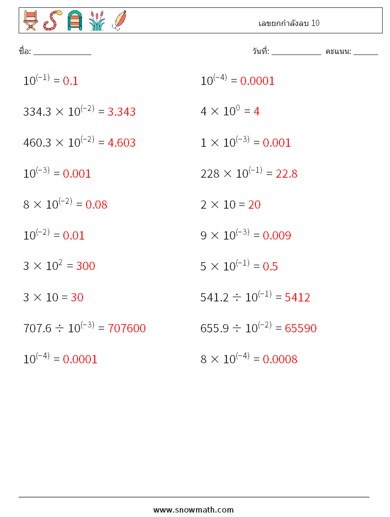 เลขยกกำลังลบ 10 ใบงานคณิตศาสตร์ 5 คำถาม คำตอบ