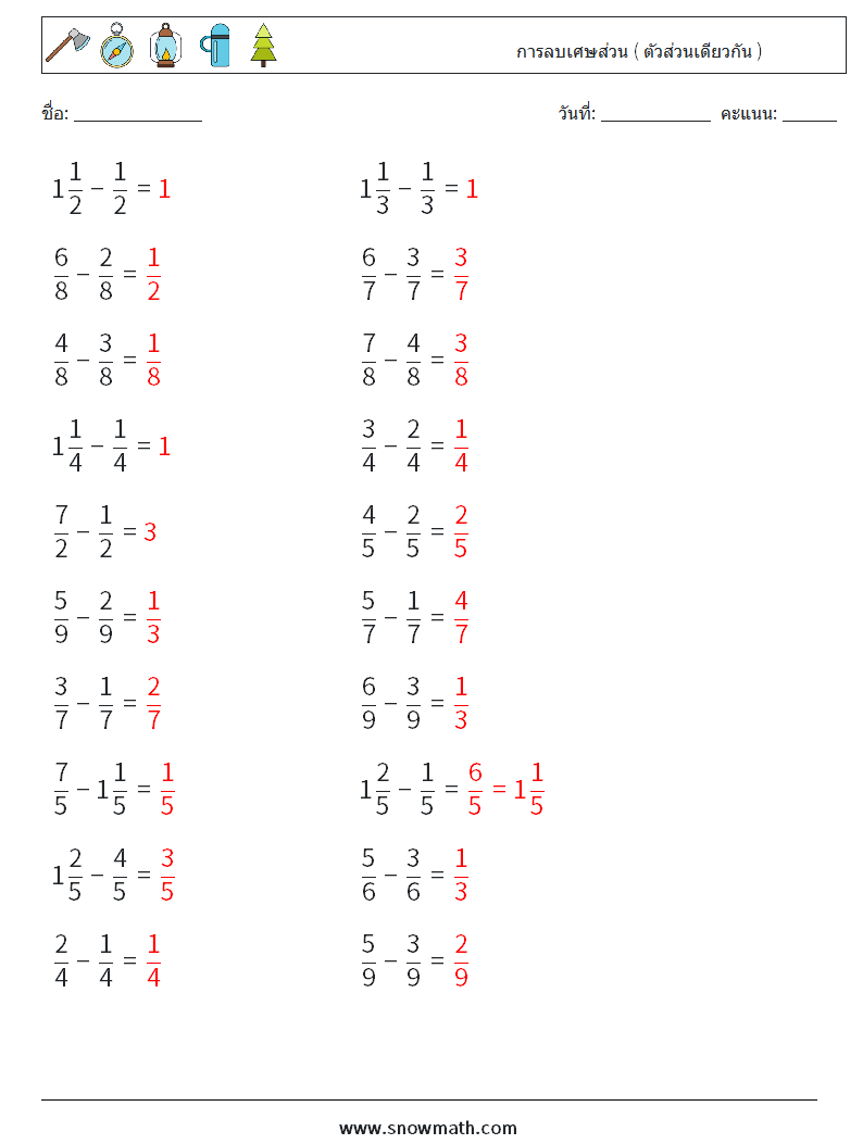 (20) การลบเศษส่วน ( ตัวส่วนเดียวกัน ) ใบงานคณิตศาสตร์ 12 คำถาม คำตอบ