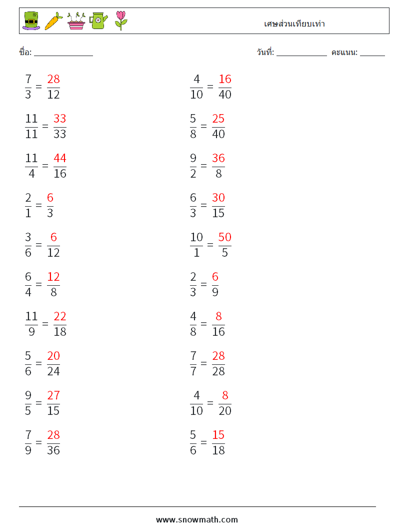 (20) เศษส่วนเทียบเท่า ใบงานคณิตศาสตร์ 2 คำถาม คำตอบ