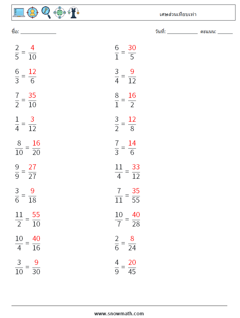 (20) เศษส่วนเทียบเท่า ใบงานคณิตศาสตร์ 5 คำถาม คำตอบ