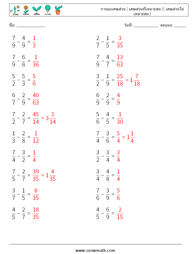 (20) การลบเศษส่วน ( เศษส่วนที่เหมาะสม )( เศษส่วนไม่เหมาะสม ) ใบงานคณิตศาสตร์ 5 คำถาม คำตอบ