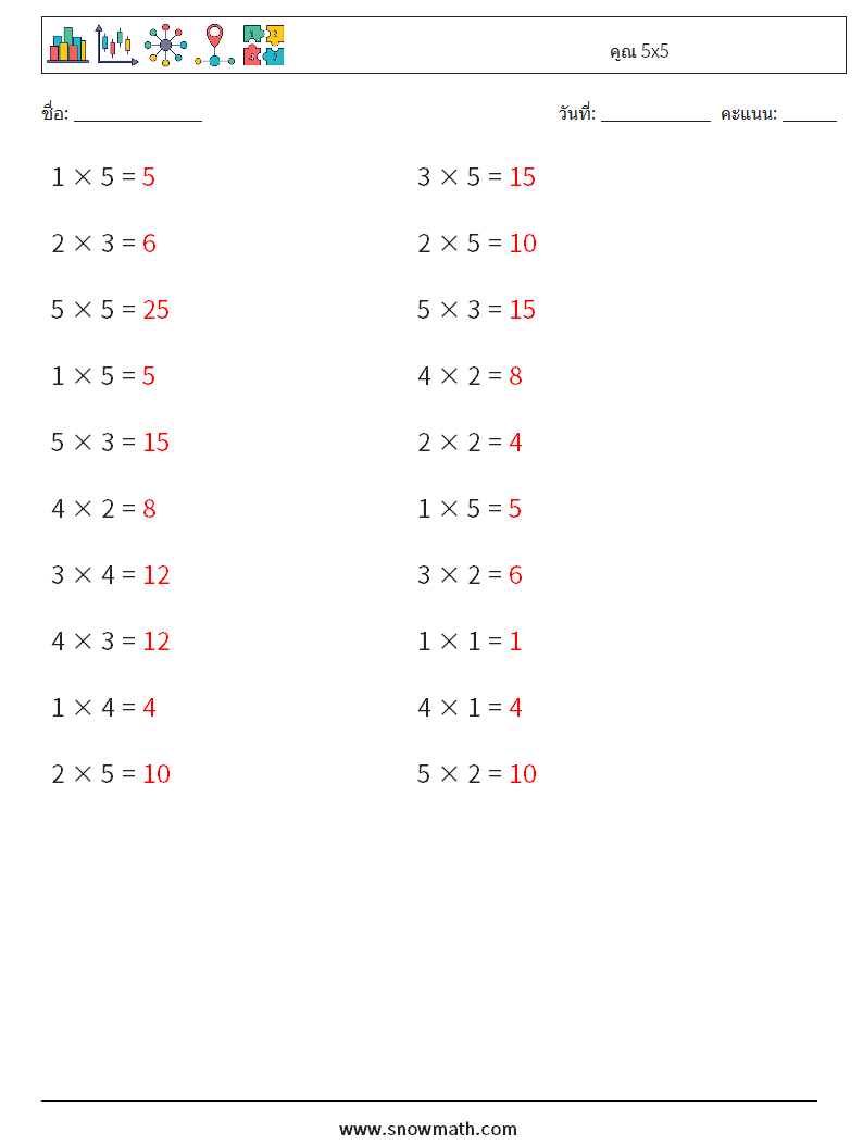 (20) คูณ 5x5 ใบงานคณิตศาสตร์ 3 คำถาม คำตอบ