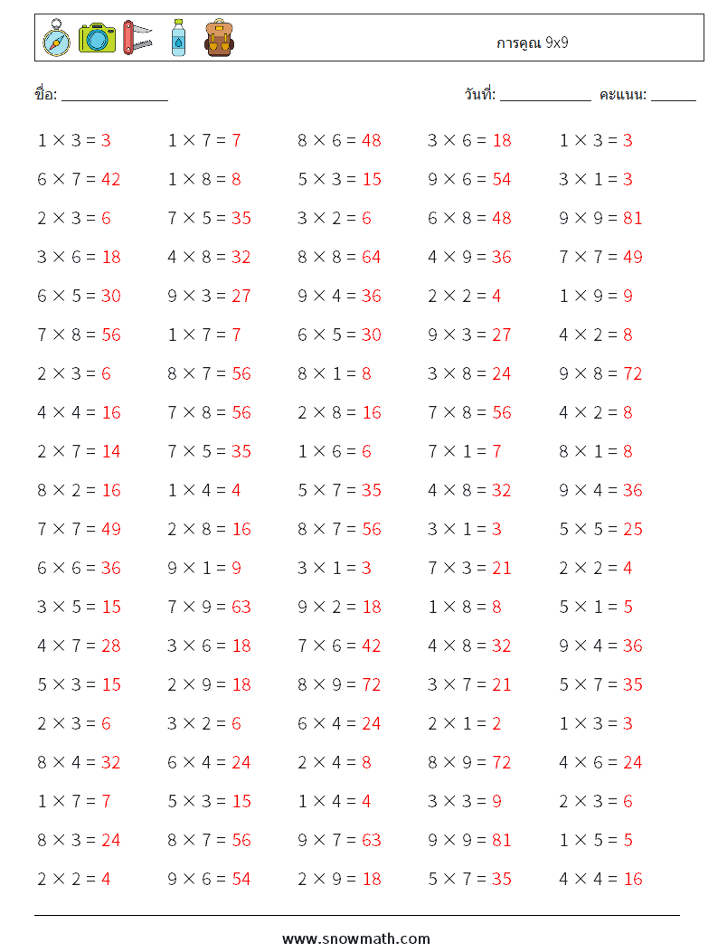 (100) การคูณ 9x9 ใบงานคณิตศาสตร์ 1 คำถาม คำตอบ